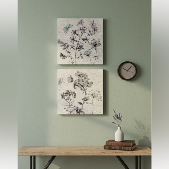 Floral And Butterfly Canvas Art 12” Square Set Of 2 - Picture 1 of 9